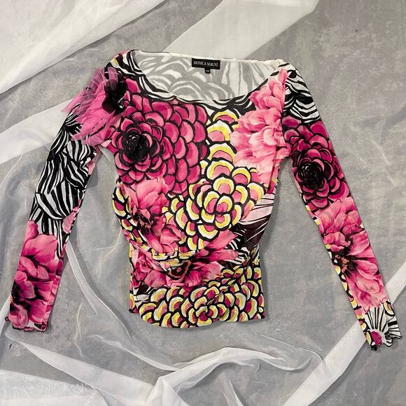 Vintage Italian Brand pink floral micro mesh long sleeve with silk floral trim - Picture 2 of 13